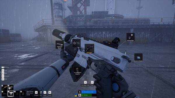 A screenshot from The Last Caretaker showing a robotic arm holding a futuristic weapon in a rainy industrial setting.