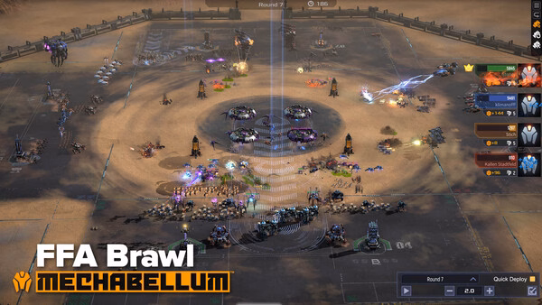Screenshot of Mechabellum showing a dynamic battlefield with various mechs and units engaged in strategic combat.
