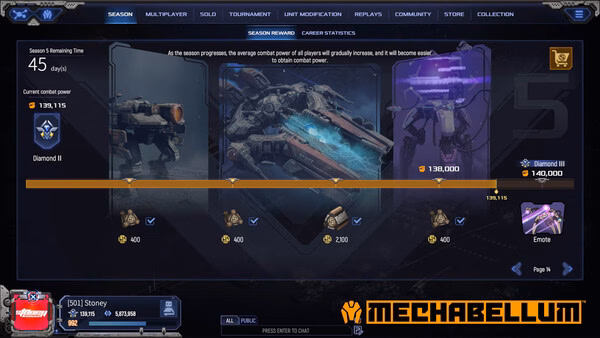 Mechabellum screenshot showing the Season Rewards menu with player rank, combat power, and unlockable rewards visible.