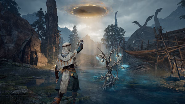 Mistfall Hunter screenshot: A cloaked figure stands near a glowing tree, gazing at a swirling portal in a foggy, ruined landscape.