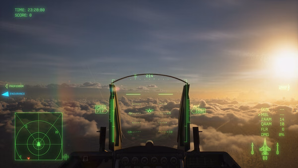A screenshot from ACE COMBAT 8: WINGS OF THEVE showing a cockpit view of a jet flying above clouds at sunset.