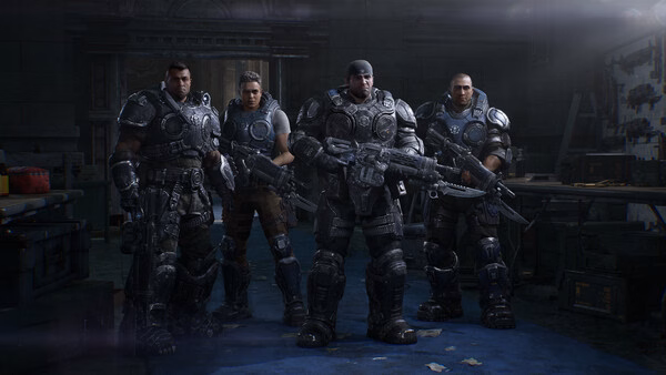 Screenshot from Gears of War: E-Day showing four heavily armored soldiers holding weapons inside a dimly lit room.