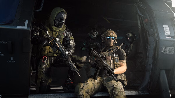 Call of Duty®: Modern Warfare® 4 screenshot showing armed soldiers in tactical gear inside a helicopter, preparing for action.