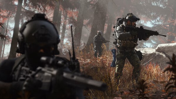 A screenshot from Call of Duty®: Modern Warfare® 4 showing soldiers in tactical gear navigating a dense forest environment.