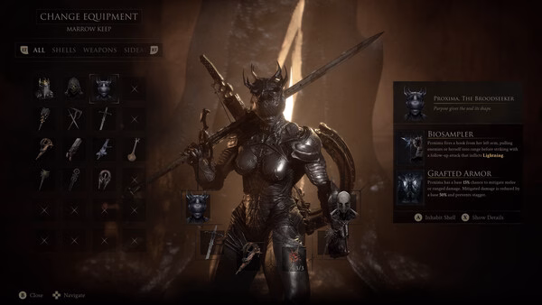 Screenshot from Mortal Shell II showing a character in dark armor holding a sword in the equipment menu.