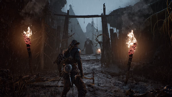 A screenshot from Mortal Shell II shows a warrior facing a gate guarded by a towering figure, amidst a dark, rain-soaked environment.