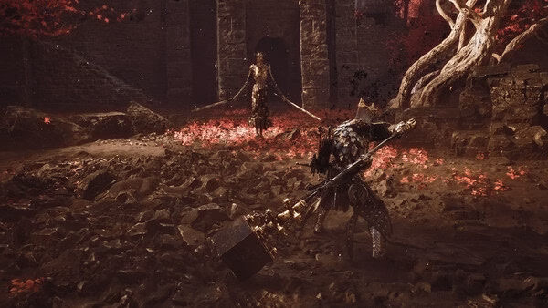A screenshot from Mortal Shell II showing two armored warriors facing off in a dark, rocky area with red leaves scattered around.