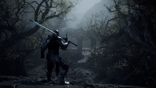 A screenshot from Mortal Shell II showing a warrior in armor holding a sword, standing in a dark, eerie forest with ruins ahead.