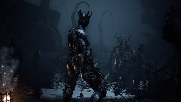 A screenshot from Mortal Shell II showing a heavily armored character facing a grotesque, tree-like enemy in a dark swamp.