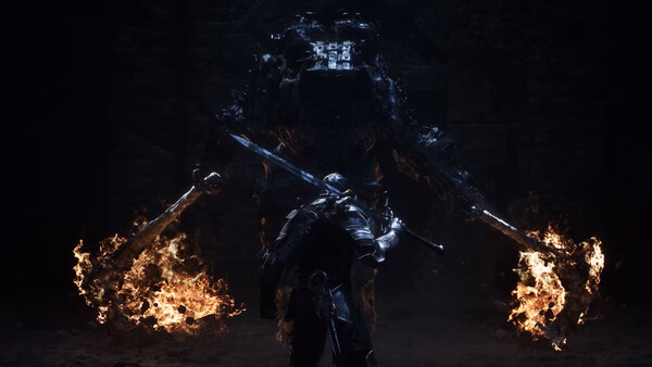 A Mortal Shell II screenshot showing a knight wielding a sword facing a towering, fiery-armed enemy in a dark arena.