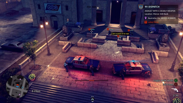 A screenshot from "The Precinct" showing a police standoff outside a bank with armed robbers and patrol cars under night lights.