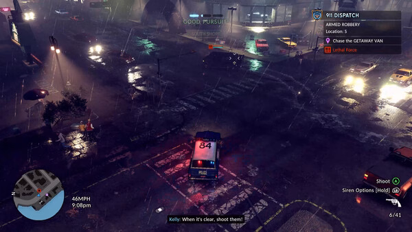 A screenshot from "The Precinct" shows a police car chasing a getaway van in a rainy city at night with sirens on.