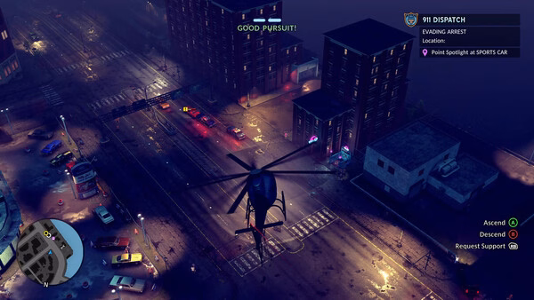 A screenshot from "The Precinct" shows a police helicopter above a city at night, pursuing a suspect in a sports car.