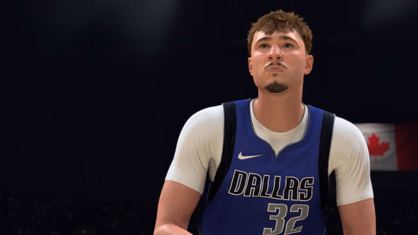 NBA 2K27 screenshot showing a basketball player in a Dallas jersey with the number 32, preparing to take a shot on a dimly lit court.